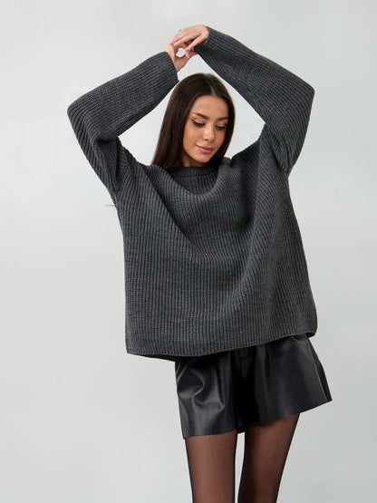 Vera Sweater by Lauven, oversized dark gray knit pullover with crew neck, styled with a relaxed silhouette.