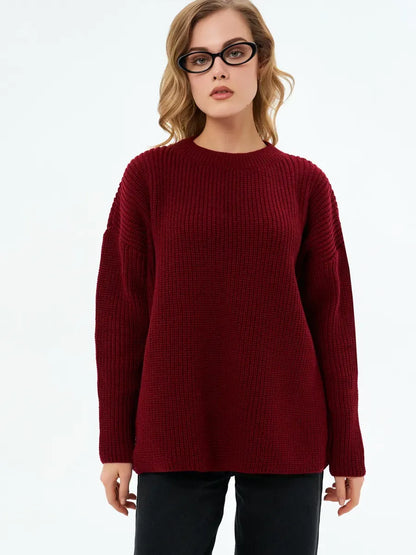 Verona Sweater by Lauven, oversized knit in deep burgundy, featuring relaxed silhouette and round neckline.