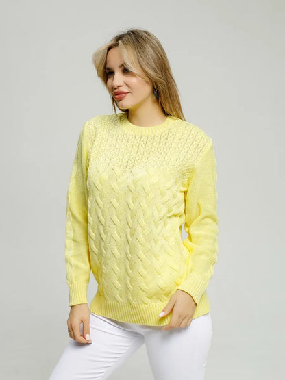 Lauven Vienna Sweater in soft yellow knit, offering comfort and elegance for chic seasonal outfits.
