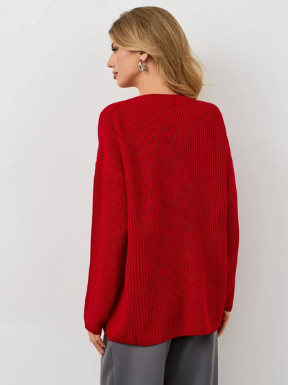 Viona Sweater by Lauven - oversized red knit pullover with crew neck, showcasing chunky ribbed texture.