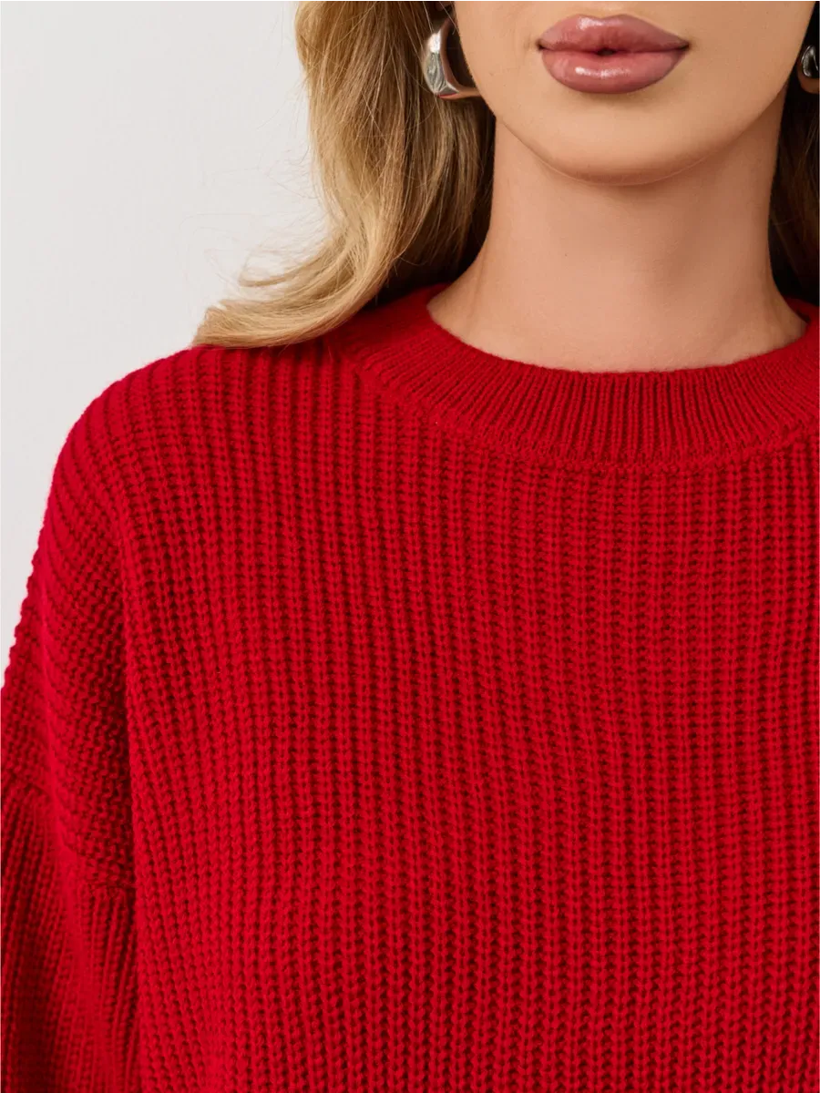 Viona Sweater by Lauven, oversized red knit with crew neck and chunky ribbed texture.