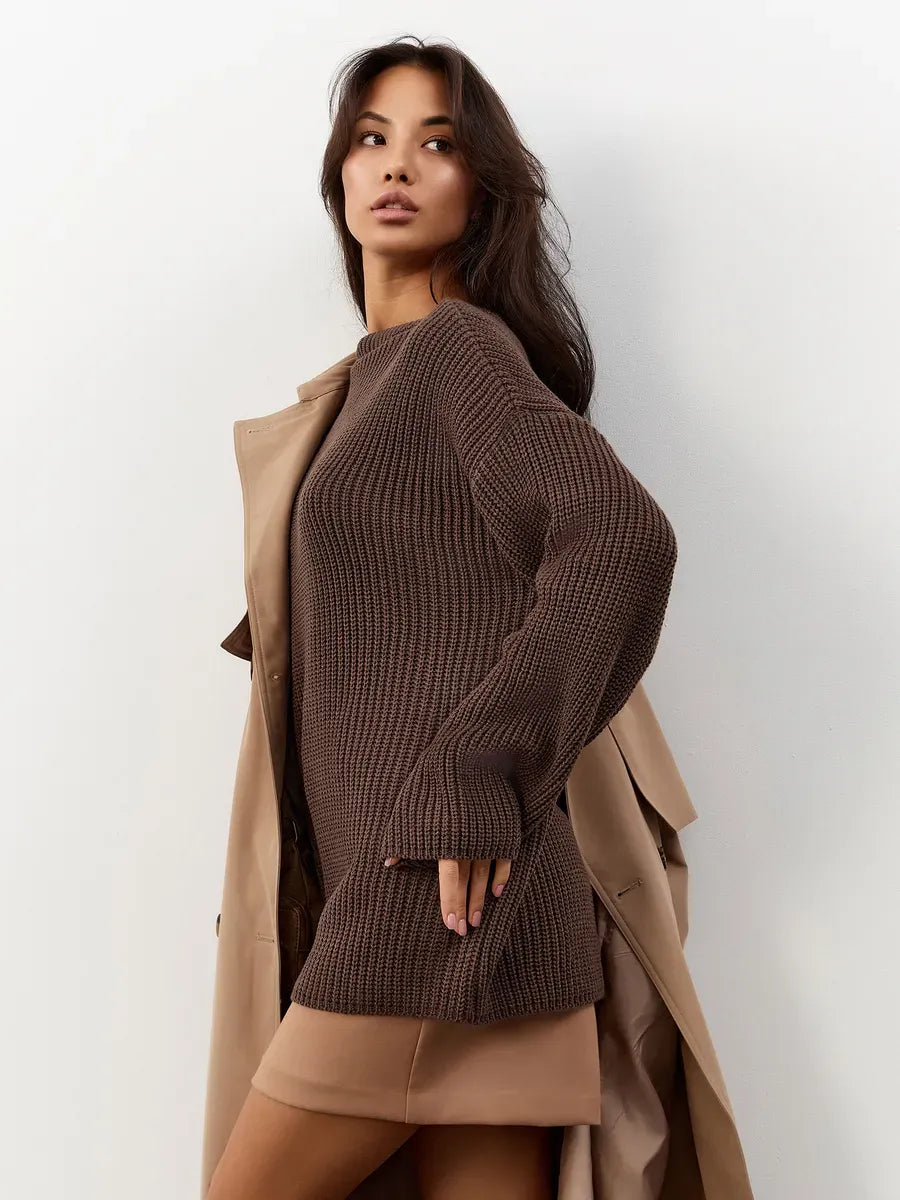 Zara Sweater by Lauven in oversized chocolate brown knit with crew neck style.