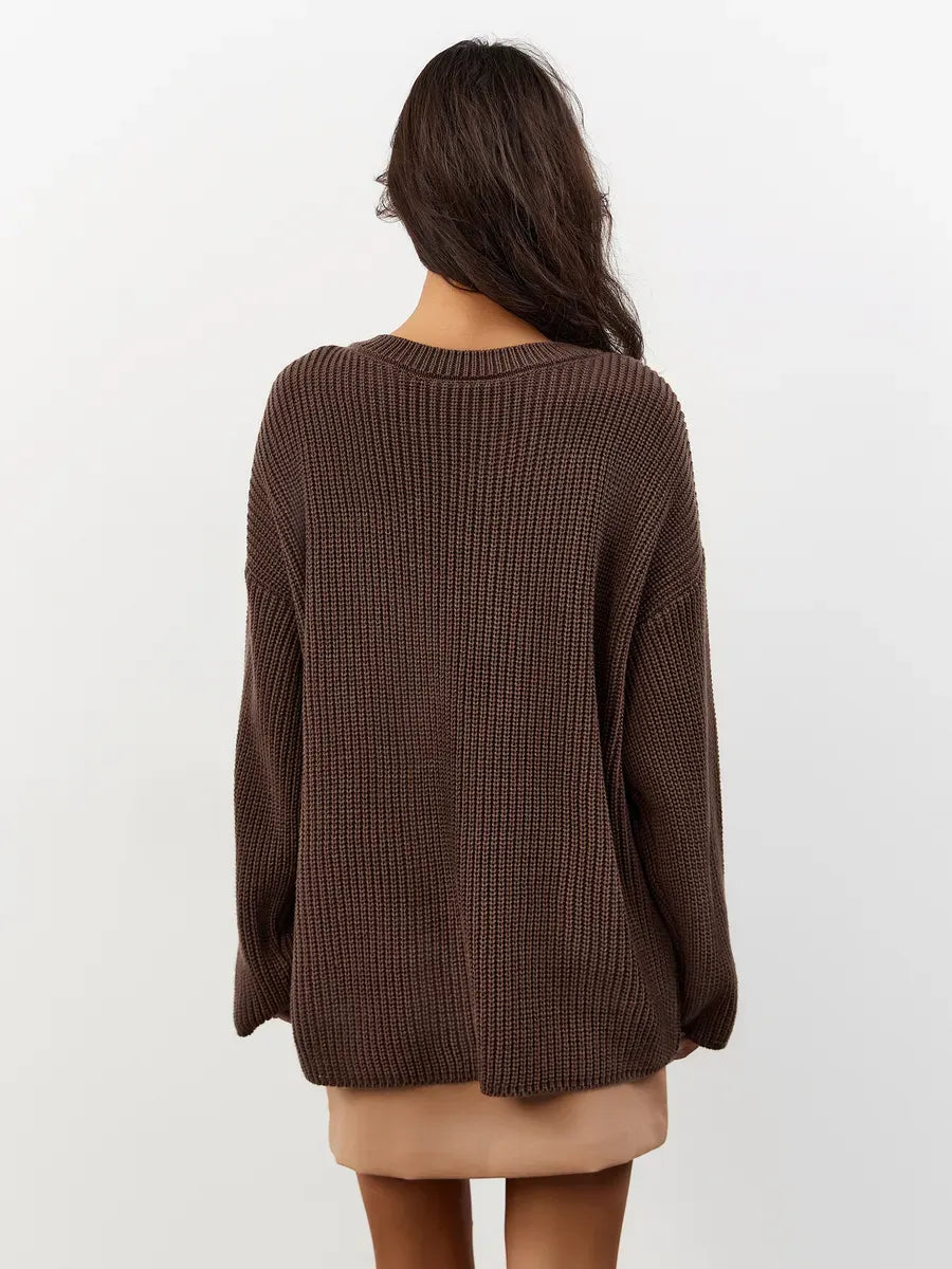 Zara Sweater - Back view of oversized chocolate brown knit sweater from Lauven, featuring a cozy crew neck design.