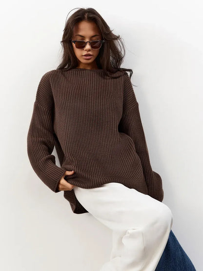Zara Sweater by Lauven - Oversized chocolate brown knit pullover with crew neck, providing comfort and style.