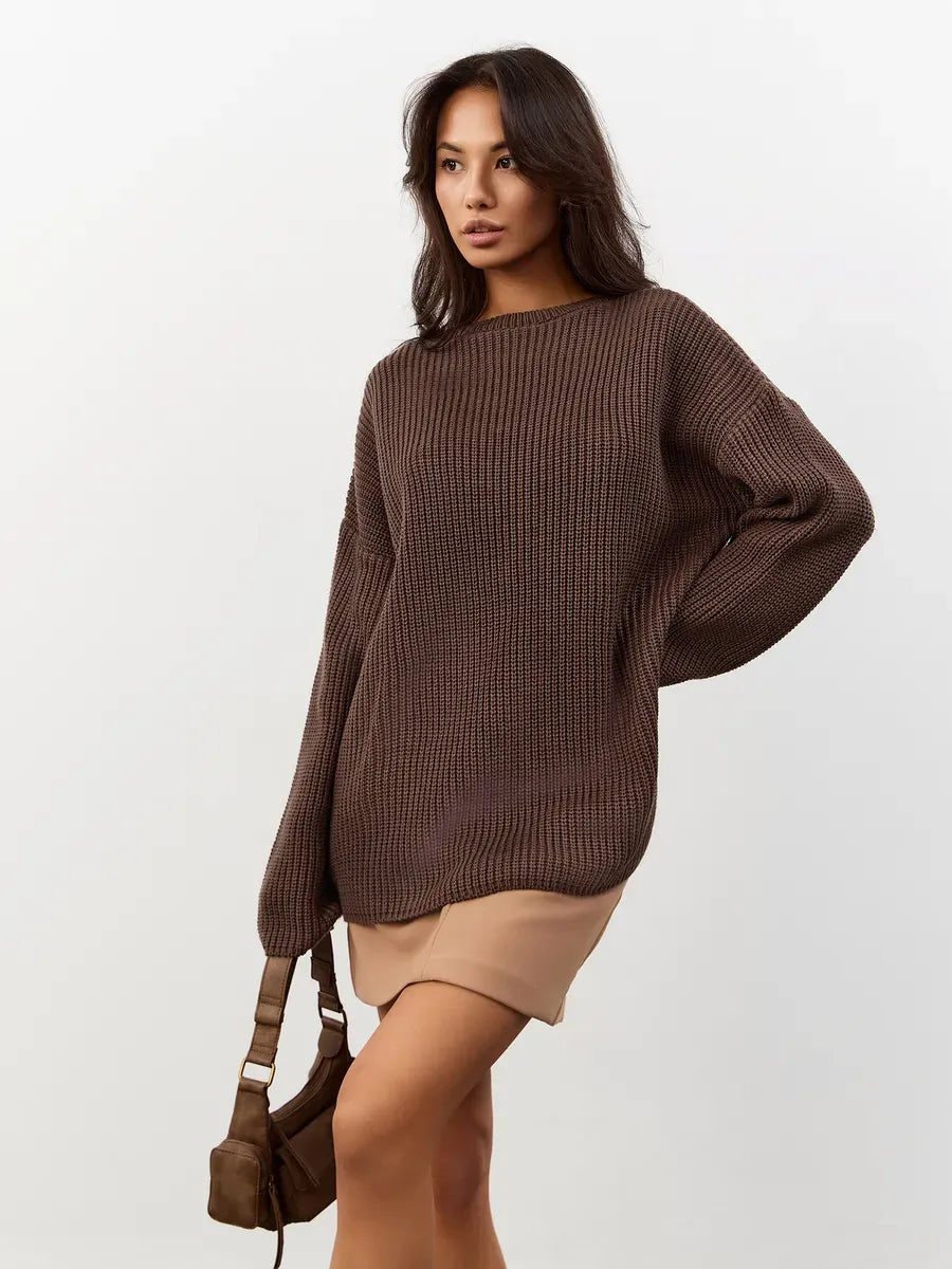 Model wearing Zara Sweater in oversized chocolate brown knit with crew neck, paired with a simple skirt.