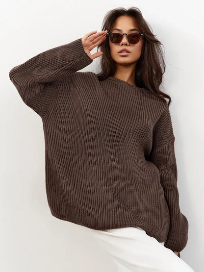Zara Sweater – Oversized chocolate brown knit pullover from Lauven, featuring a cozy ribbed texture and crew neck.