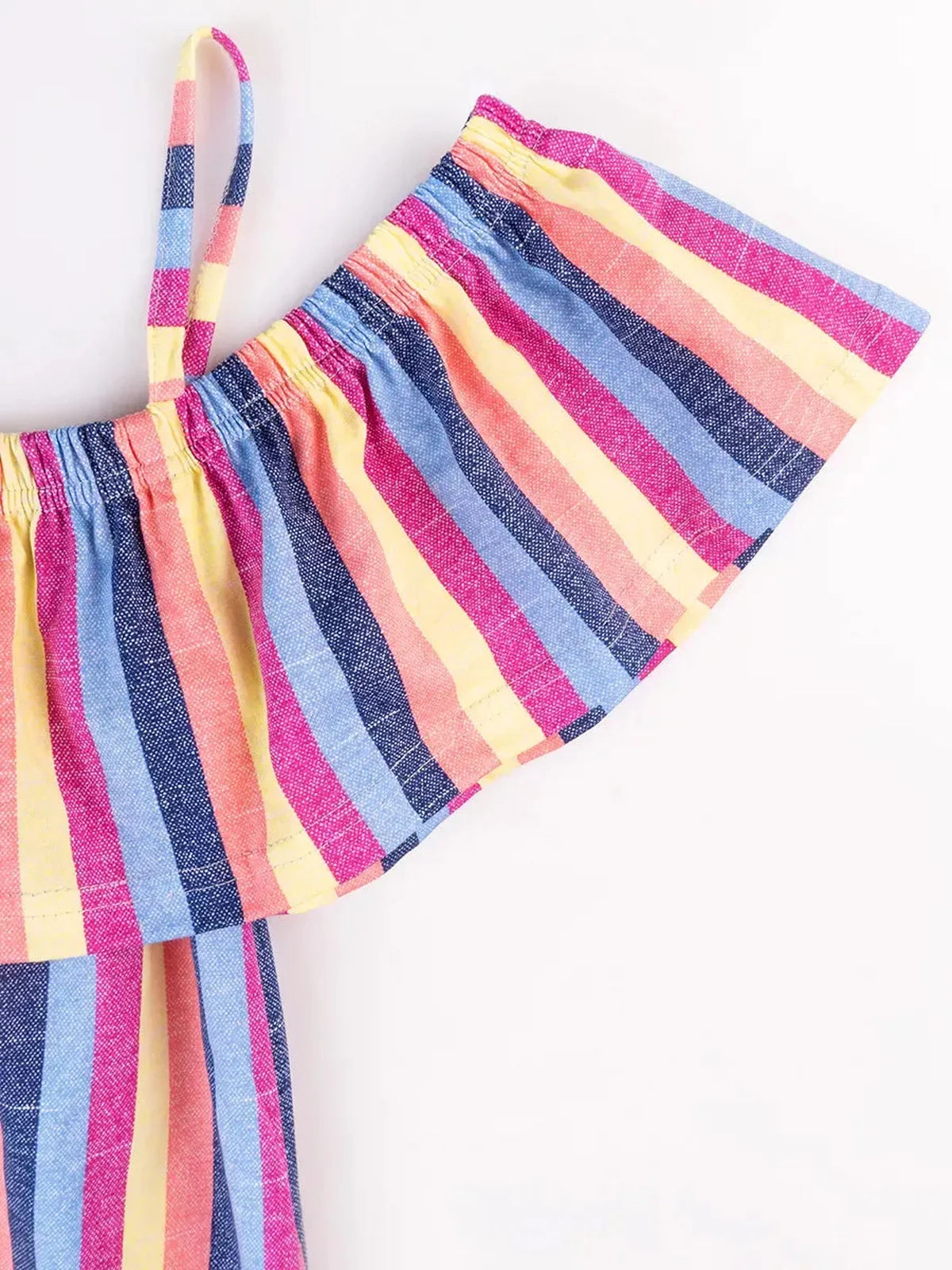 Zoe Mini Dress by Lauven featuring colorful striped ruffle detail on an off-shoulder design, perfect for summer style.