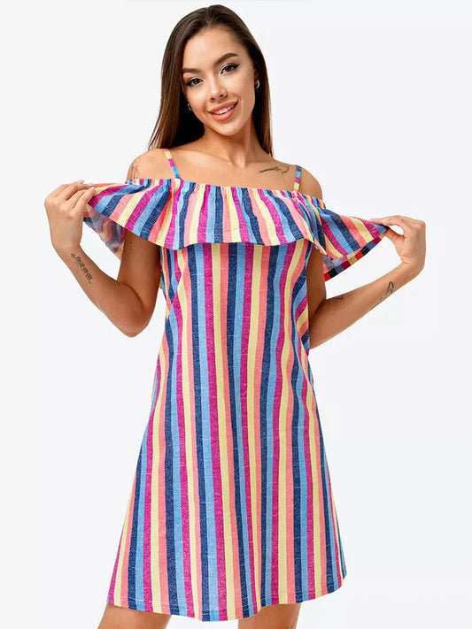 Zoe Mini Dress by Lauven - Striped cotton trapeze silhouette with ruffle detail, perfect for summer outings.